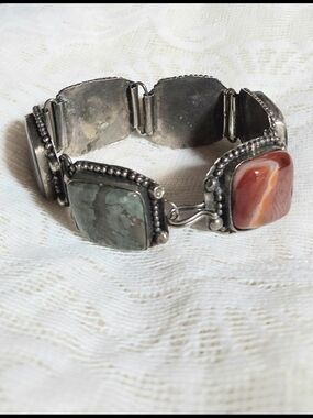 Vintage 1960's Handmade Mexican Silver Agate Bracelet